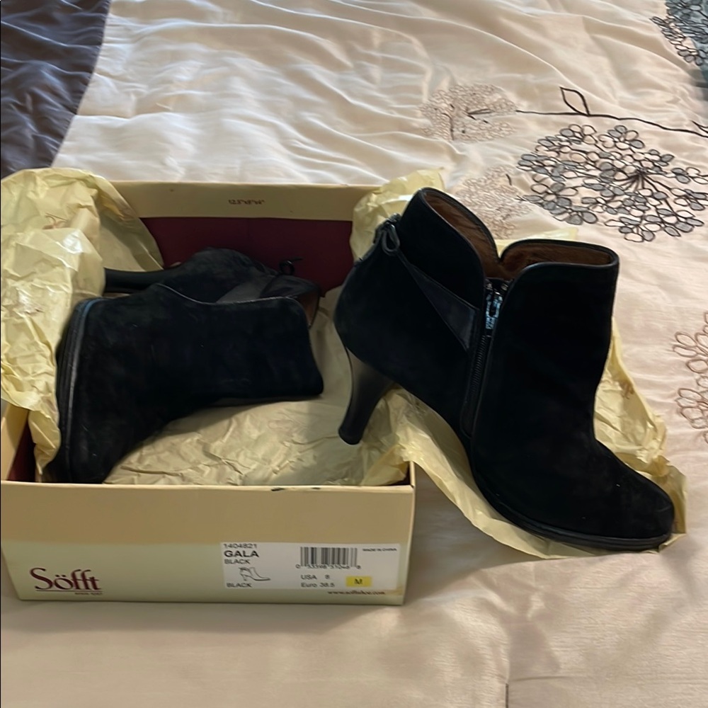 Sofft Black Suede Heeled Ankle Boots